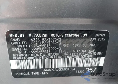 2019 Mitsubishi Outlander Sport 2.0 Es из США, поврежденный, VIN JA4AP3AU5KU034024